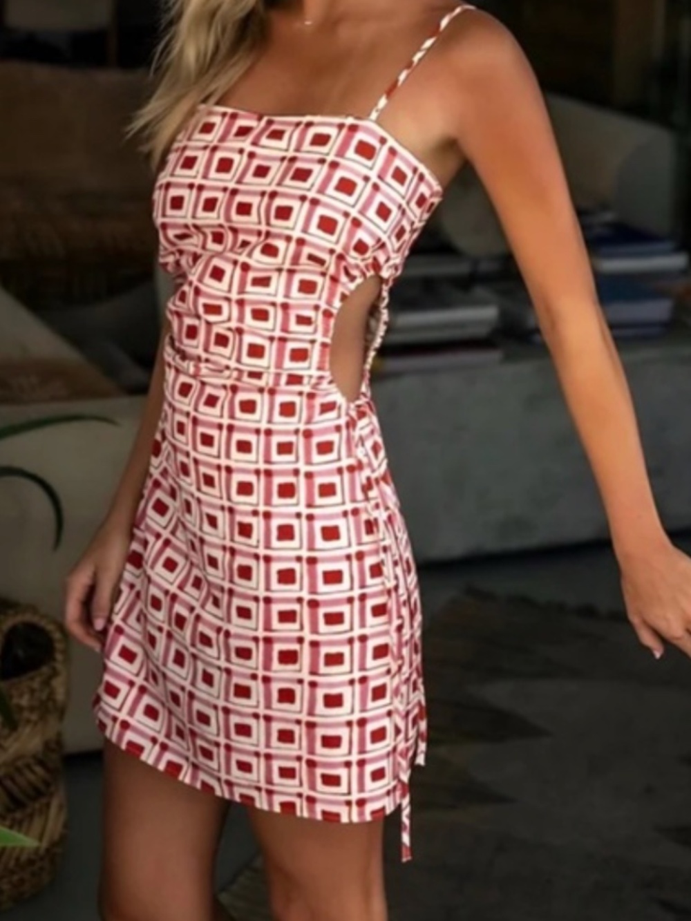 ZARA Cut Out Dress Sz Small Linen Mini Geometric Cinch Red Pink Spaghetti Strap